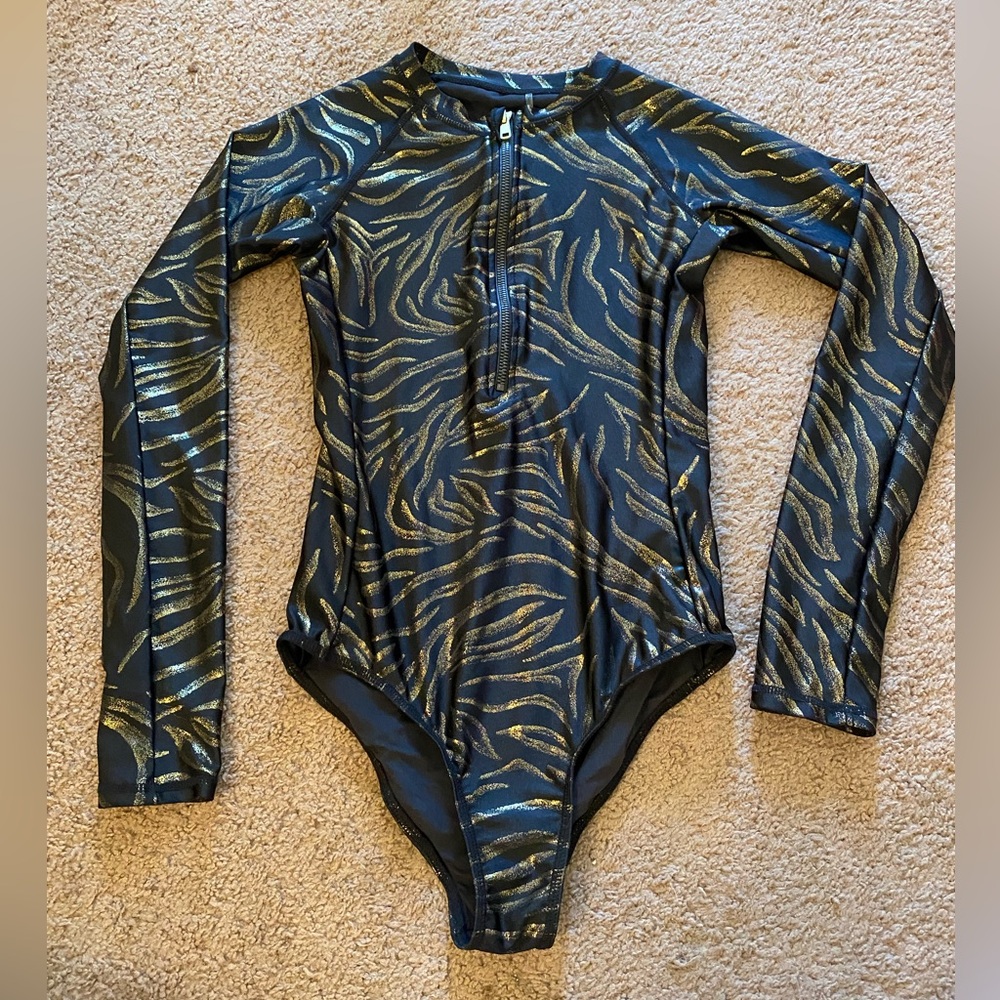 MOLO necky swimsuit black graphic fish rashguard zip up 14 beach pool UPF